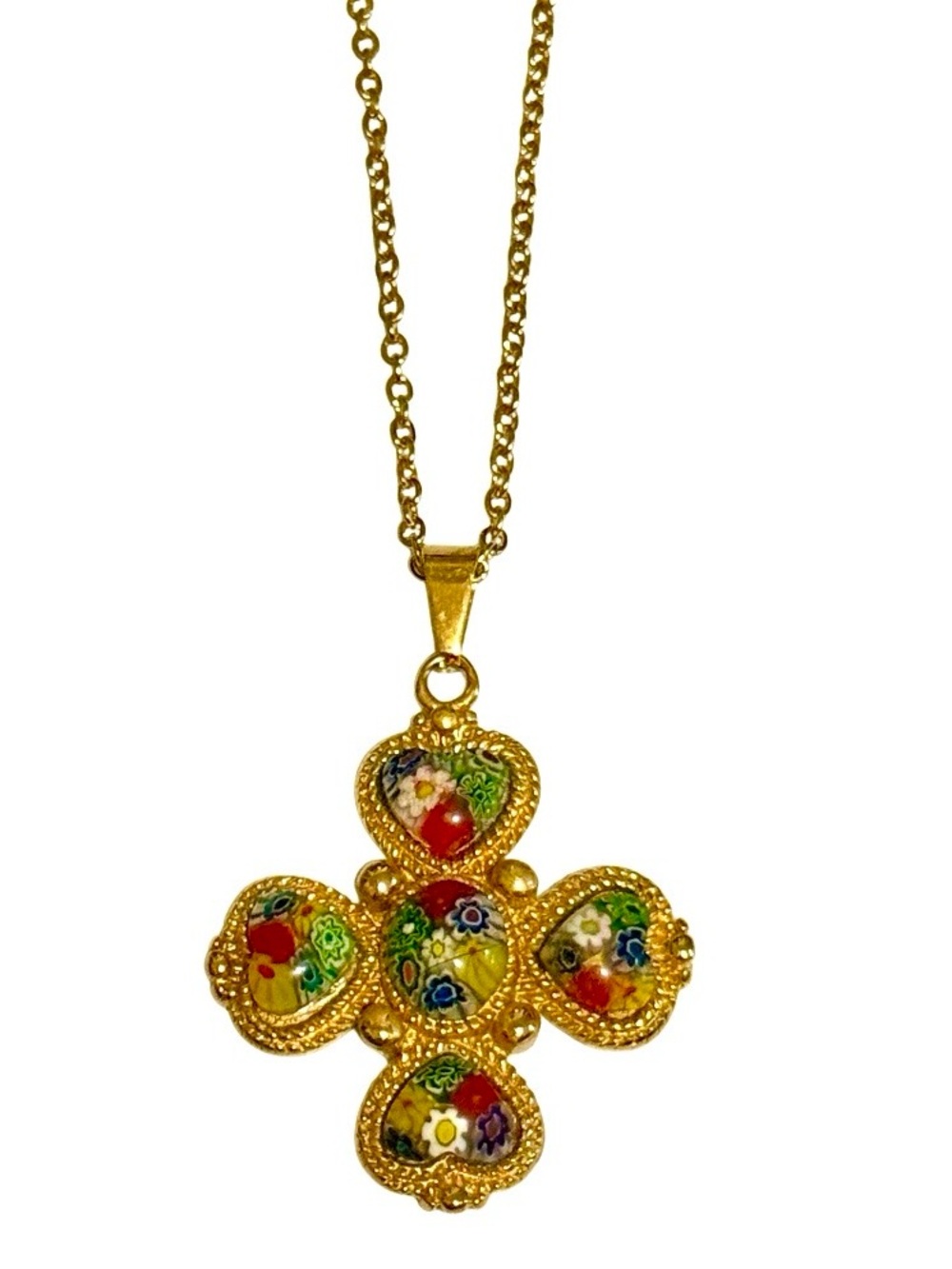 Vintage Gold Floral Millefiori Cross Pendant Necklace, Unworn, New